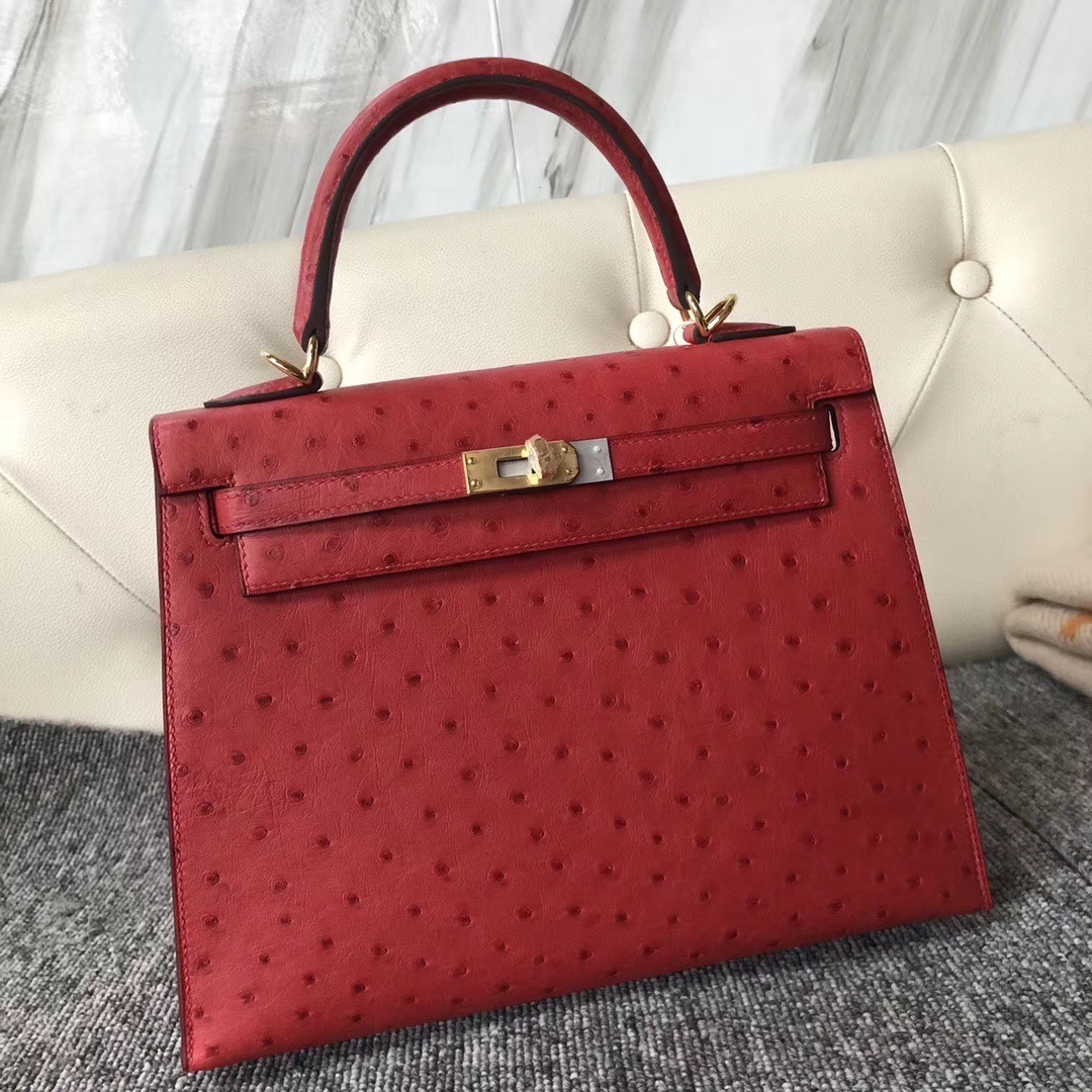 Hermès（爱马仕）Kelly 25cm Kk鸵鸟 Q5 国旗红 Rouge casaque 金扣 顶级手缝