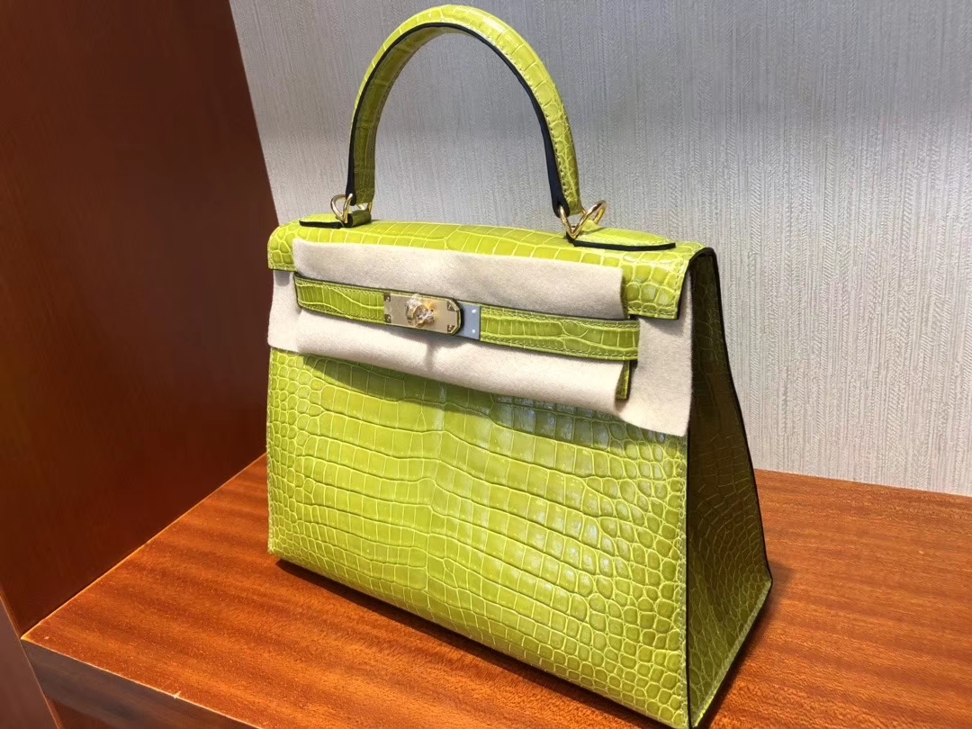 Hermès（爱马仕）Kelly 28cm Porosus shiny 亮面澳洲湾鳄 6R 奇异果绿 Kiwi 金扣 顶级手缝 超美