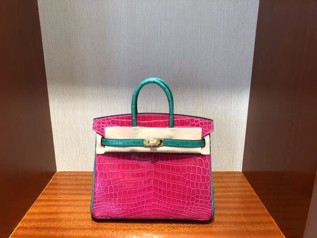 Hermès（爱马仕）Birkin 25cm Crocodile shiny 亮面鳄鱼 J5 天方夜谭粉紫拼6Ｑ翡翠绿 金扣 马蹄印 超美拼色