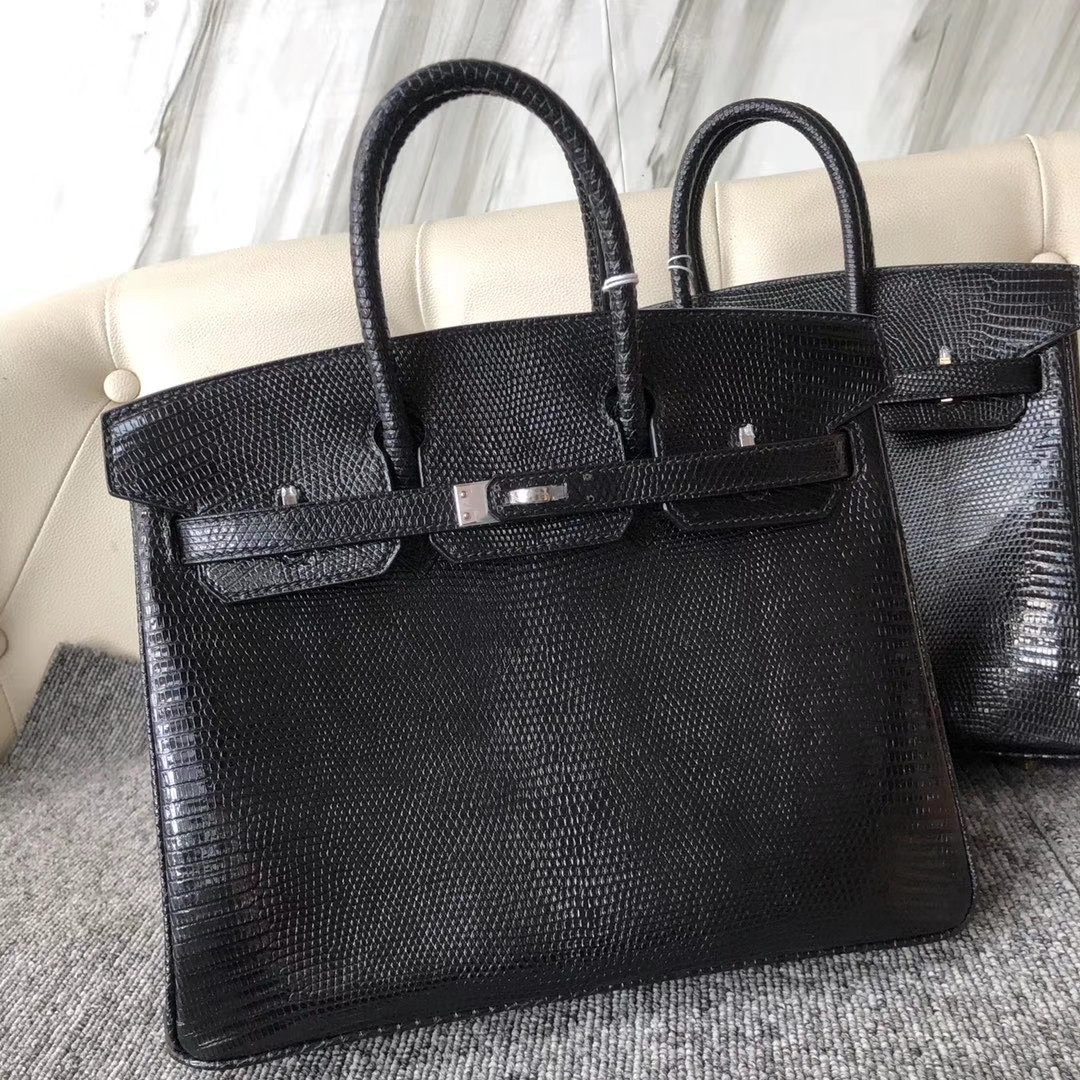 Hermès（爱马仕）Birkin 25cm Lizard 进口亮面蜥蜴  ck89 黑色 Noir  金扣 顶级手缝 现货