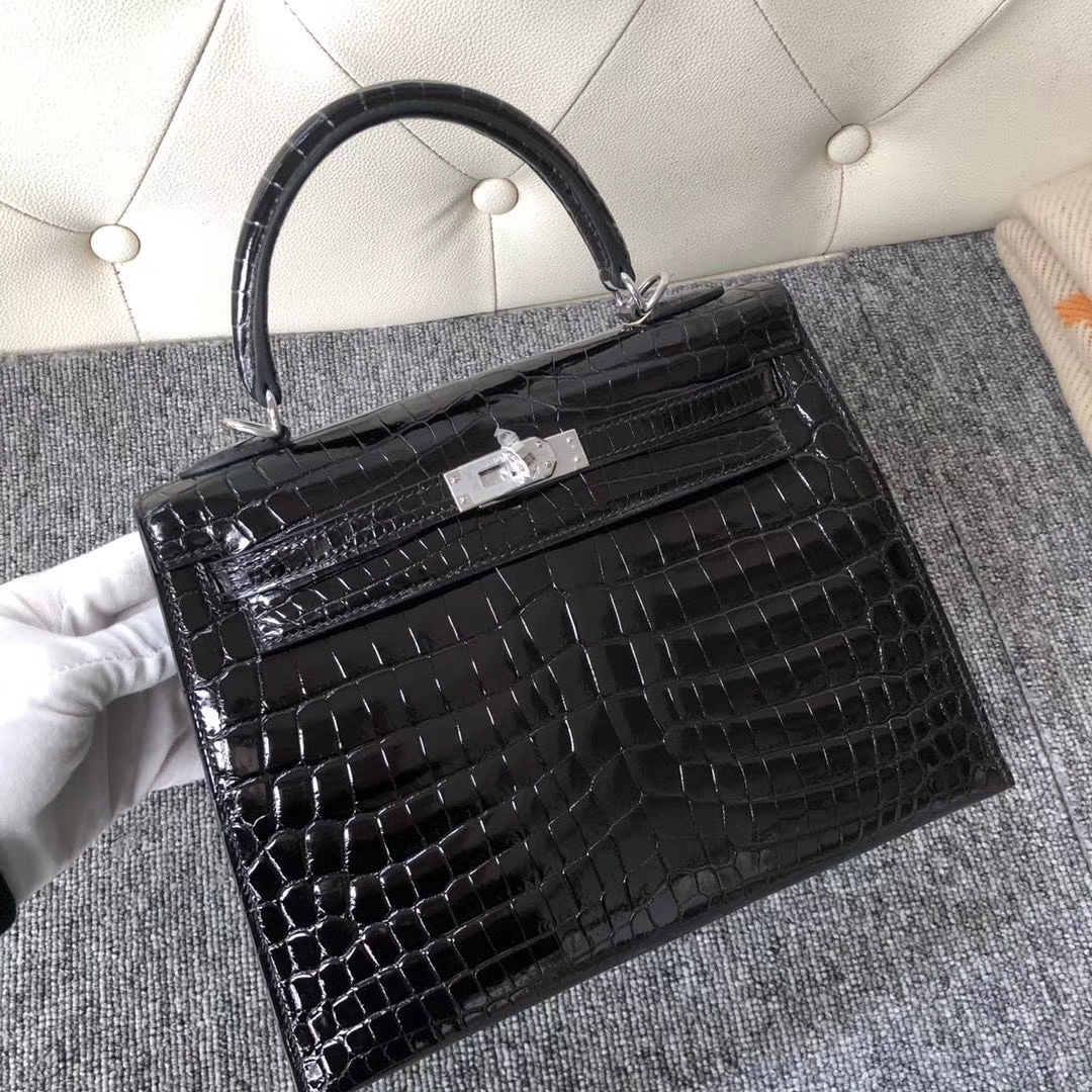 Hermès（爱马仕）Kelly 25cm Crocodile shiny 亮面鳄鱼 ck89黑色 Noir 银扣 拱珠皮 现货