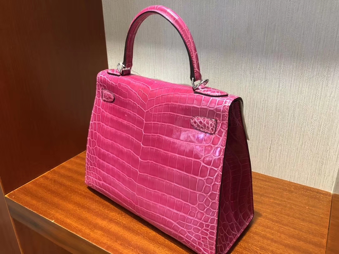 Hermès（爱马仕）Kelly 凯莉包 Crocodile shiny 亮面鳄鱼 5J 桃红 桃粉 银扣 顶级手缝 超美 28cm