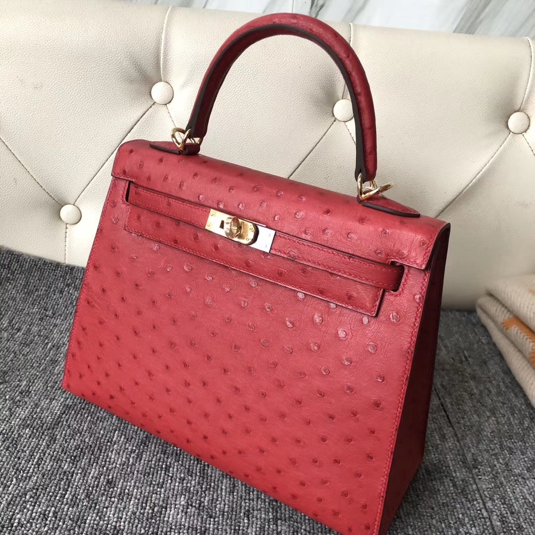 Hermès(爱马仕)Kelly 25cm Kk鸵鸟 Q5 国旗红 Rouge casaque 金扣 顶级手缝-拉尔森鳄鱼皮具定制 - 爱马仕包包官网 Hermès(爱马仕)Kelly 25cm Kk鸵鸟 Q5 国旗红 Rouge casaque 金扣 顶级手缝