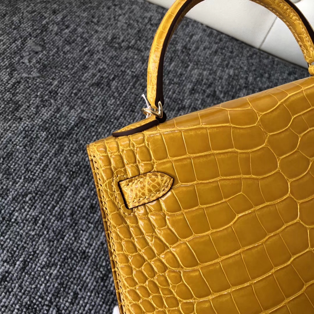 Hermès（爱马仕）Mini kelly ll Alligator shiny 亮面鳄鱼 9D 琥珀黄 Ambre 金扣 顶级手缝 现货