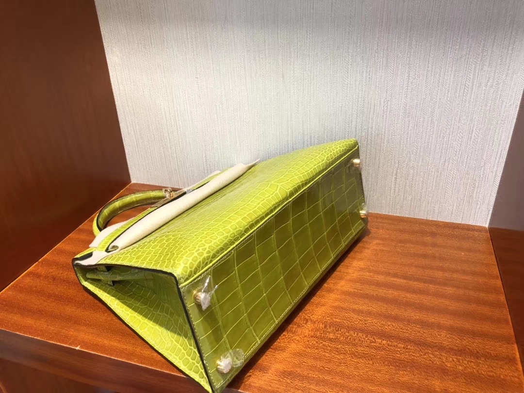 Hermès（爱马仕）Kelly 28cm Porosus shiny 亮面澳洲湾鳄 6R 奇异果绿 Kiwi 金扣 顶级手缝 超美