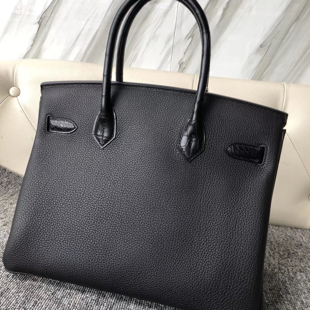 Hermès（爱马仕）Touch 系列 Birkin 黑色拼雾面方块黑色鳄鱼 30cm 金扣 顶级手缝