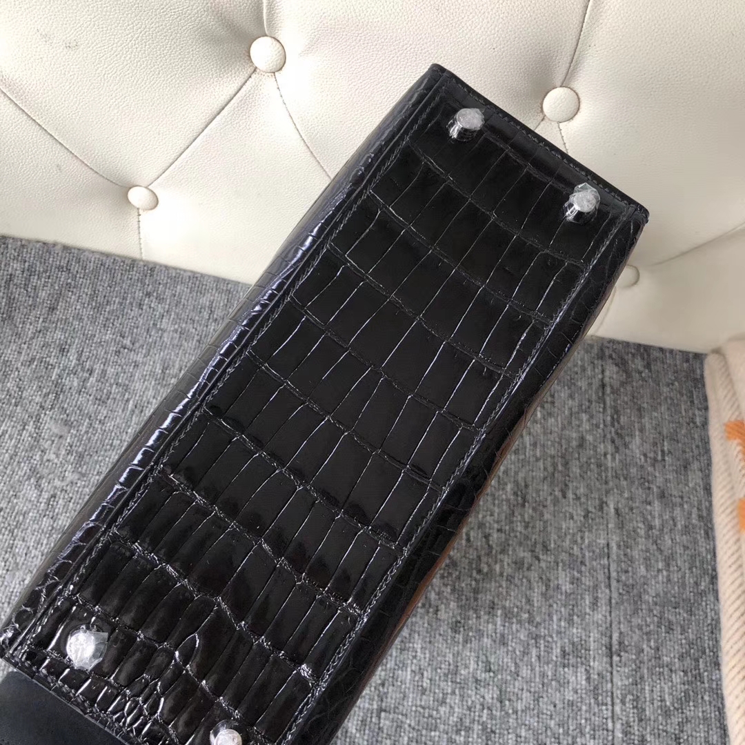Hermès（爱马仕）Kelly 25cm Crocodile shiny 亮面鳄鱼 ck89黑色 Noir 银扣 拱珠皮 现货