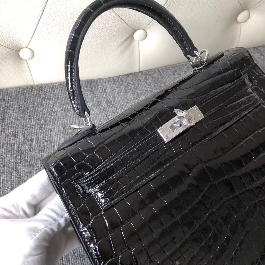 Hermès（爱马仕）Kelly 25cm Crocodile shiny 亮面鳄鱼 ck89黑色 Noir 银扣 拱珠皮 现货