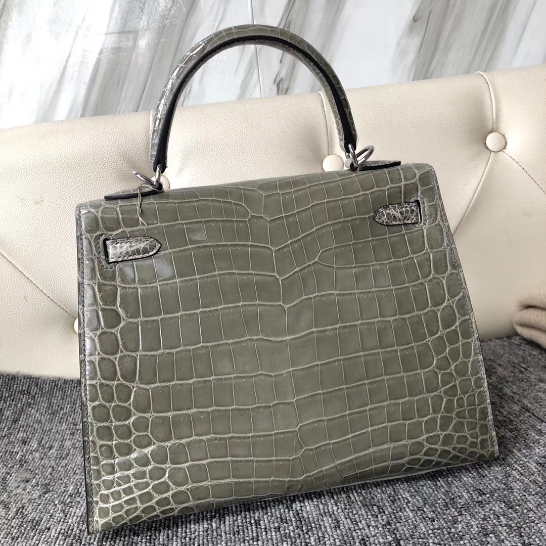 Hermès（爱马仕）Kelly 25cm Crocodile shiny 亮面鳄鱼 ck81 斑鸠灰 Gris T 银扣 现货