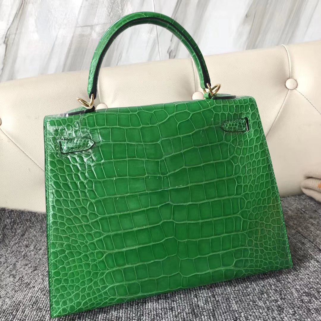 Hermès（爱马仕）Kelly 凯莉包 crocodile 亮面美洲鳄 1L仙人掌绿 蜡线全手工 金扣 接受预定 25cm