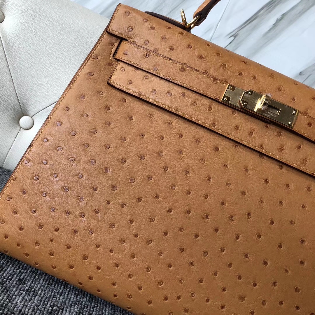 Hermès（爱马仕）Kelly 32cm Ostrich kk鸵鸟 ck37 金棕色 Gold 金扣 顶级手缝