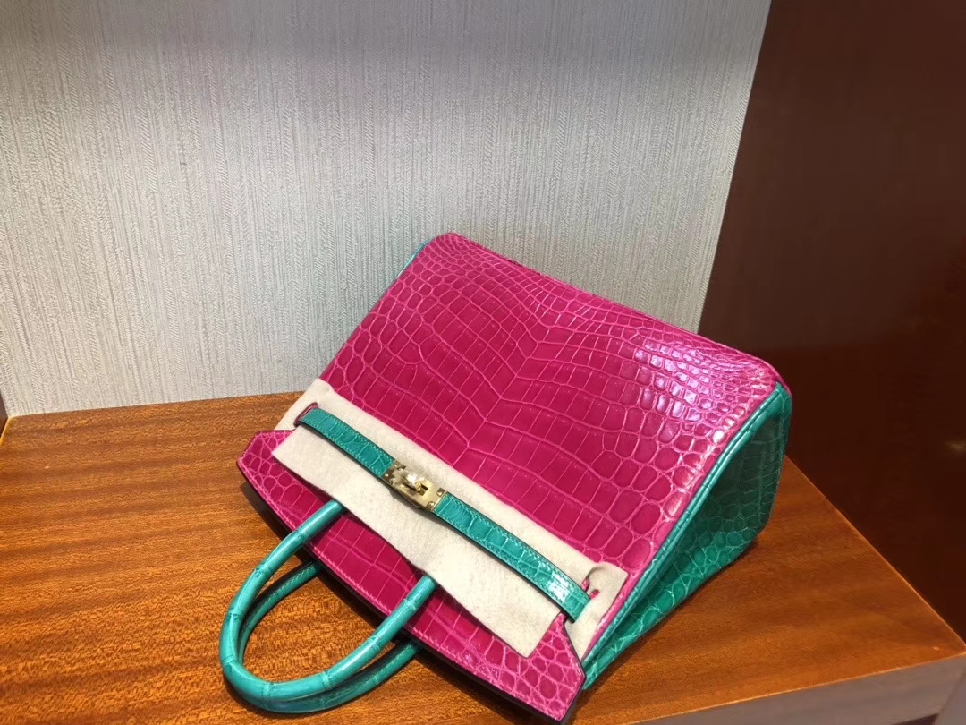 Hermès（爱马仕）Birkin 25cm Crocodile shiny 亮面鳄鱼 J5 天方夜谭粉紫拼6Ｑ翡翠绿 金扣 马蹄印 超美拼色