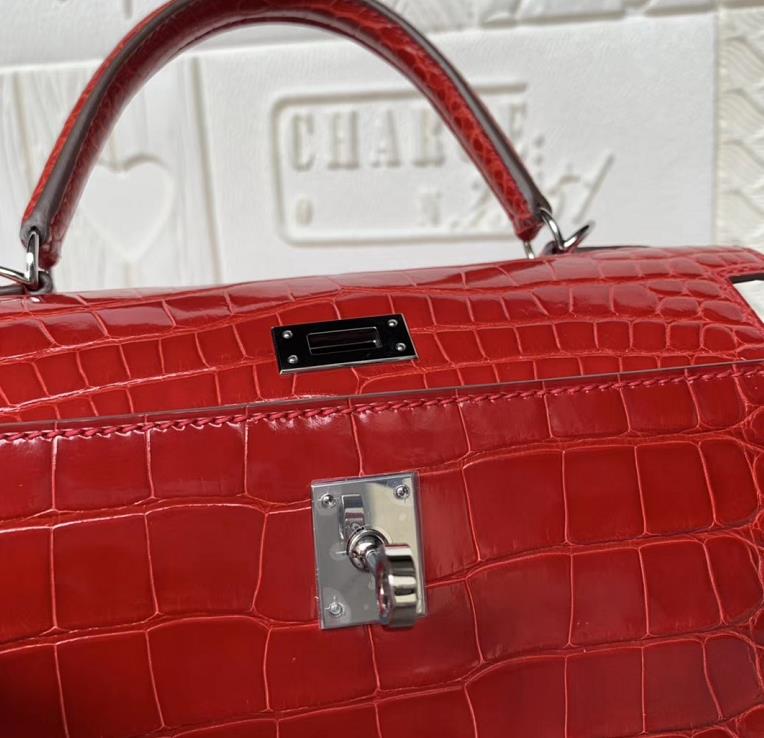 Hermès（爱马仕）Kelly 25cm Crocodile shiny 亮面鳄鱼 美洲法拉利红 银扣 现货