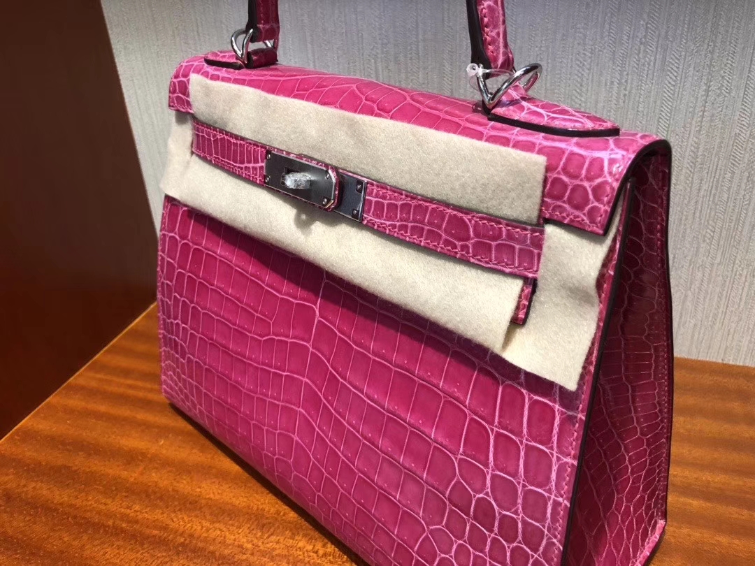 Hermès（爱马仕）Kelly 凯莉包 Crocodile shiny 亮面鳄鱼 5J 桃红 桃粉 银扣 顶级手缝 超美 28cm