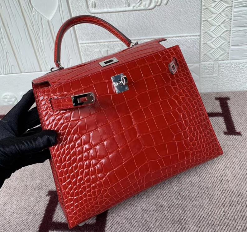 Hermès（爱马仕）Kelly 25cm Crocodile shiny 亮面鳄鱼 美洲法拉利红 银扣 现货