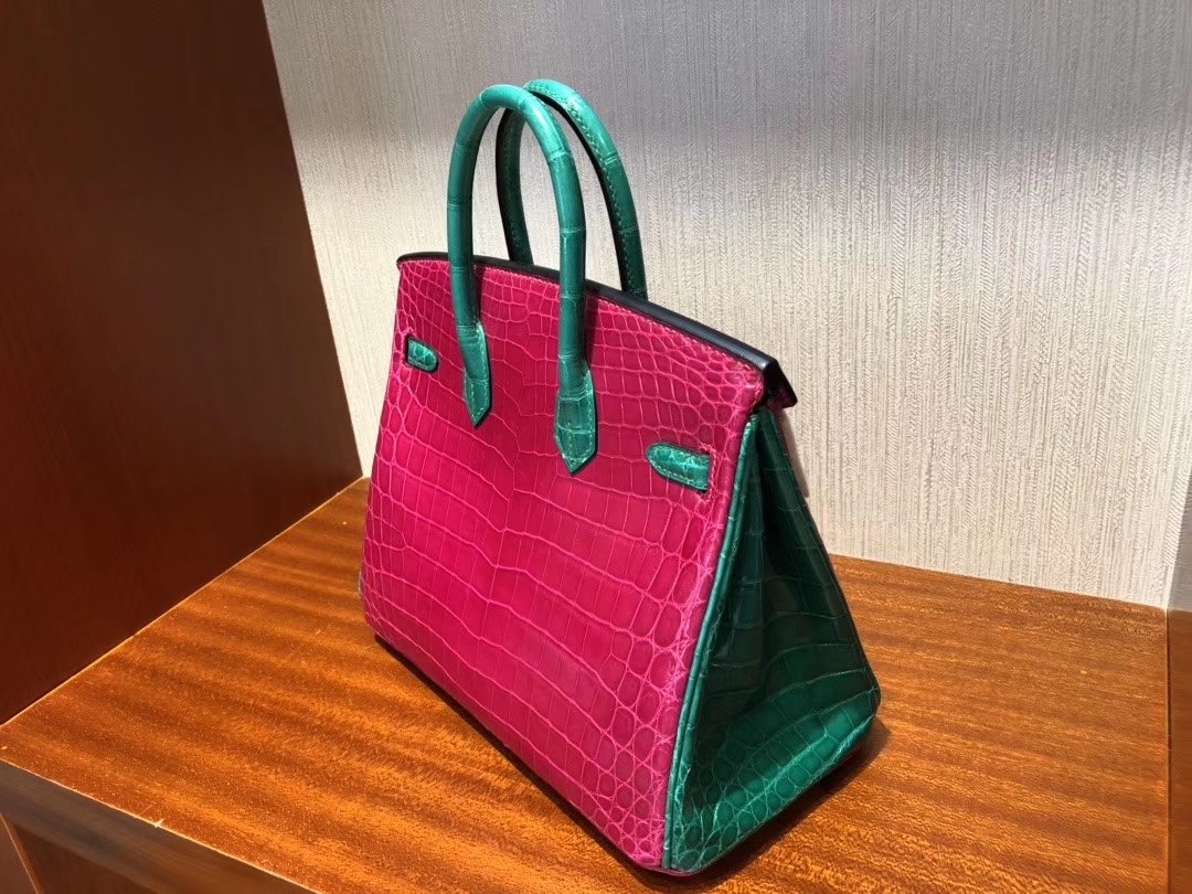 Hermès（爱马仕）Birkin 25cm Crocodile shiny 亮面鳄鱼 J5 天方夜谭粉紫拼6Ｑ翡翠绿 金扣 马蹄印 超美拼色