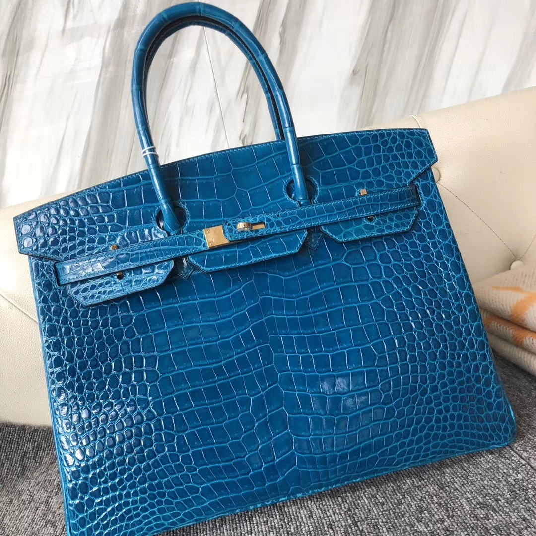 Hermès（爱马仕）Birkin 35cm Porosus shiny 亮面鳄鱼 7w 伊兹密尔蓝 Blue izmir 金扣 定制