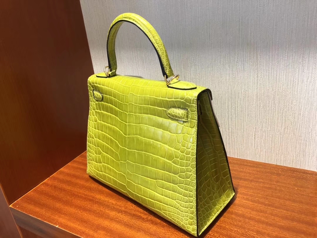 Hermès（爱马仕）Kelly 28cm Porosus shiny 亮面澳洲湾鳄 6R 奇异果绿 Kiwi 金扣 顶级手缝 超美