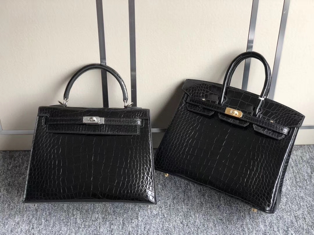 Hermès（爱马仕）Birkin 25cm Kelly25cm Alligator shiny 亮面鳄鱼 ck89 黑色 Noir 金扣