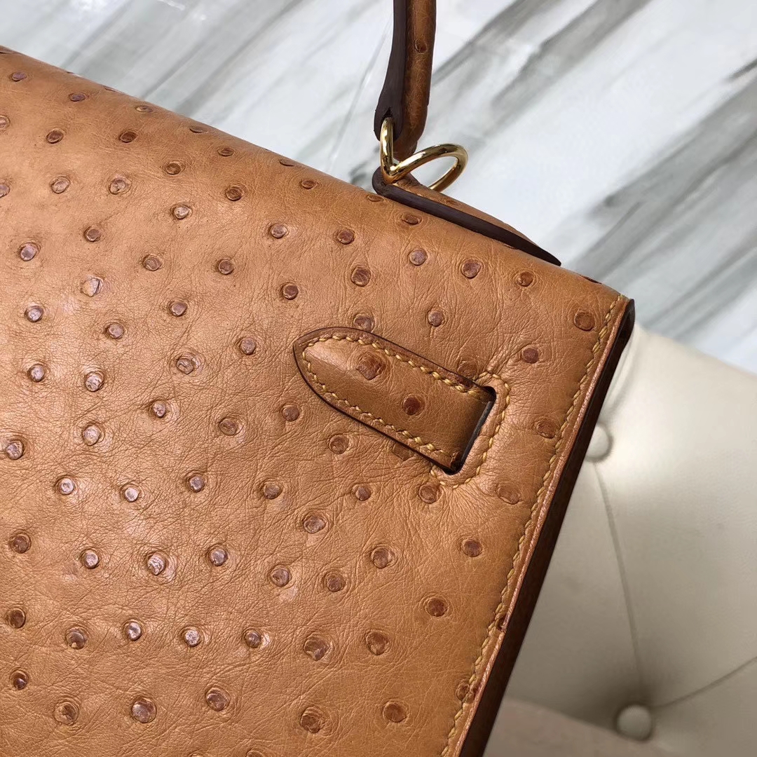 Hermès（爱马仕）Kelly 32cm Ostrich kk鸵鸟 ck37 金棕色 Gold 金扣 顶级手缝