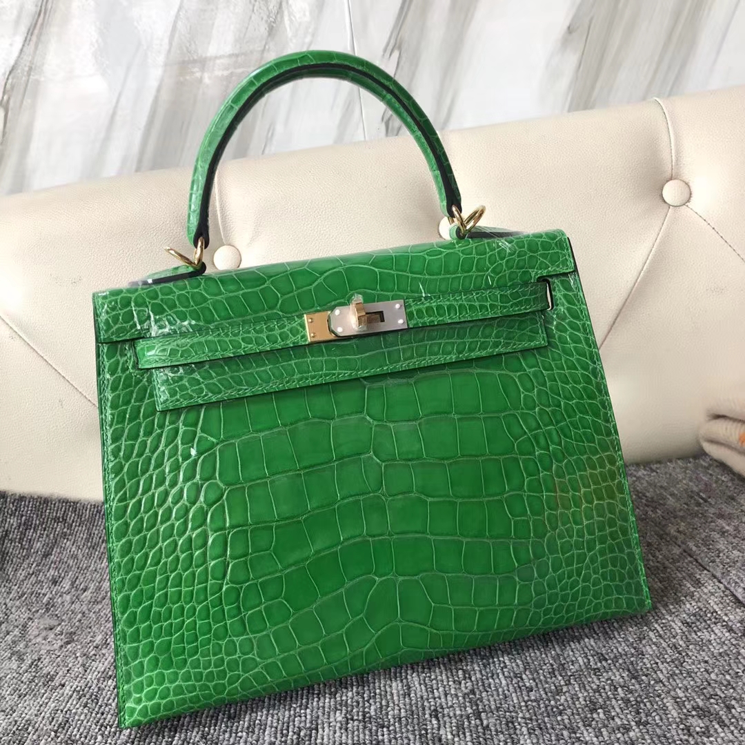 Hermès（爱马仕）Kelly 凯莉包 crocodile 亮面美洲鳄 1L仙人掌绿 蜡线全手工 金扣 接受预定 25cm