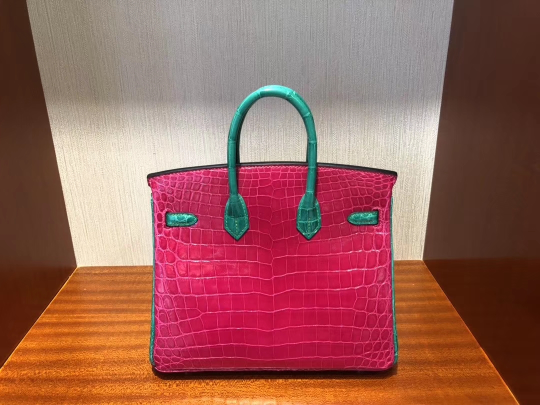 Hermès（爱马仕）Birkin 25cm Crocodile shiny 亮面鳄鱼 J5 天方夜谭粉紫拼6Ｑ翡翠绿 金扣 马蹄印 超美拼色