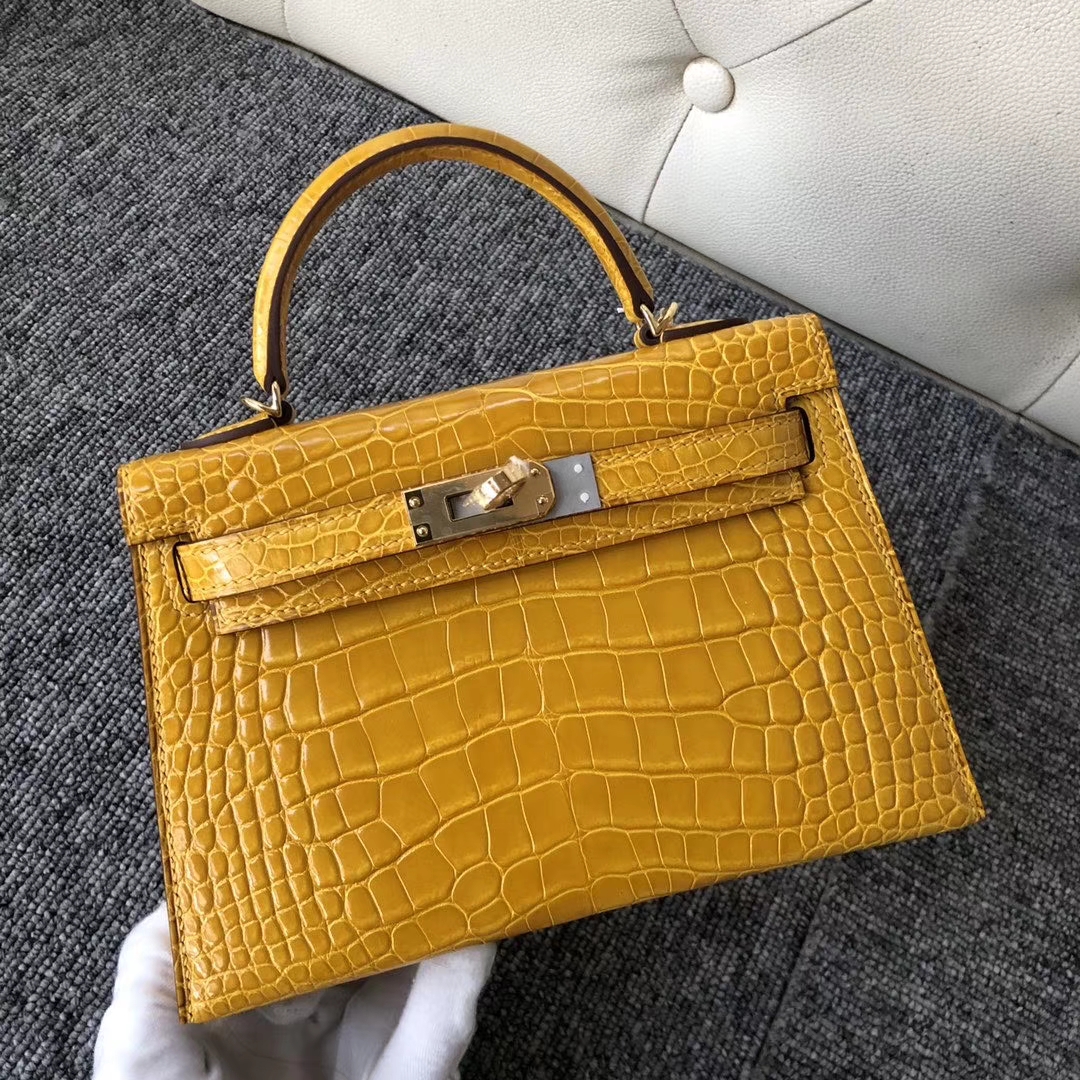 Hermès（爱马仕）Mini kelly ll Alligator shiny 亮面鳄鱼 9D 琥珀黄 Ambre 金扣 顶级手缝 现货
