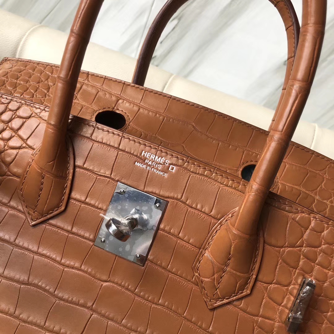 Hermès（爱马仕）Birkin 30cm Alligator matt 雾面鳄鱼 棕色 银扣 定制