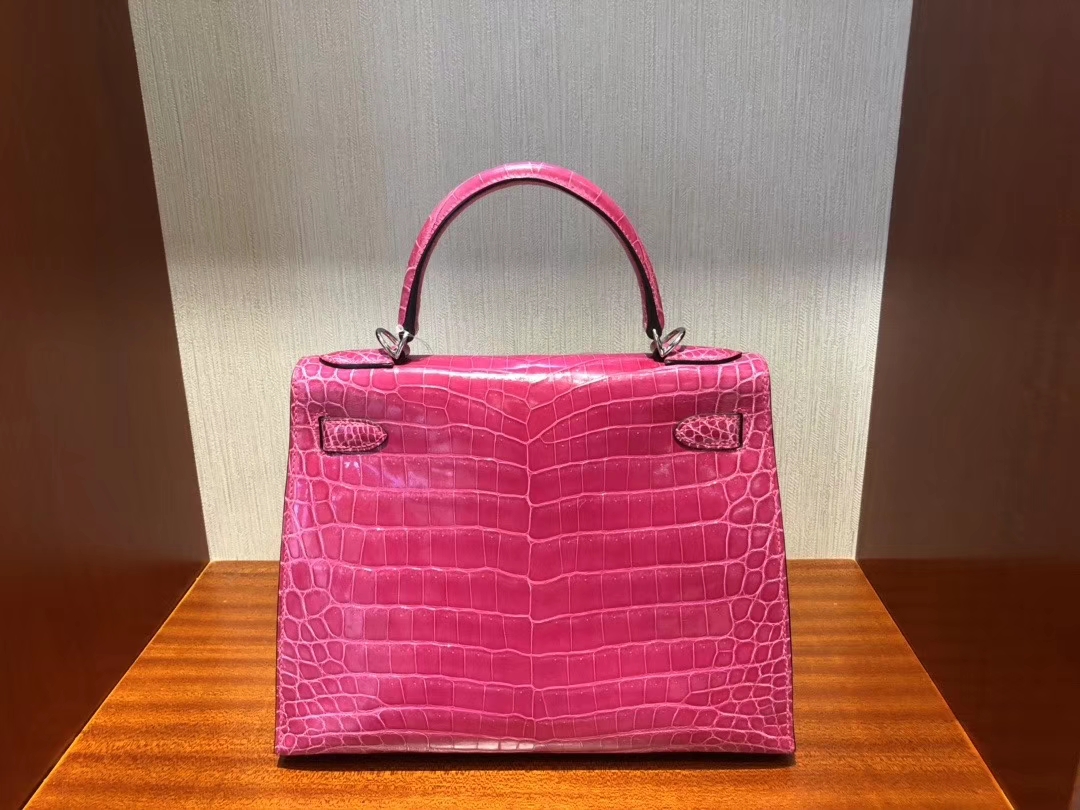 Hermès（爱马仕）Kelly 凯莉包 Crocodile shiny 亮面鳄鱼 5J 桃红 桃粉 银扣 顶级手缝 超美 28cm