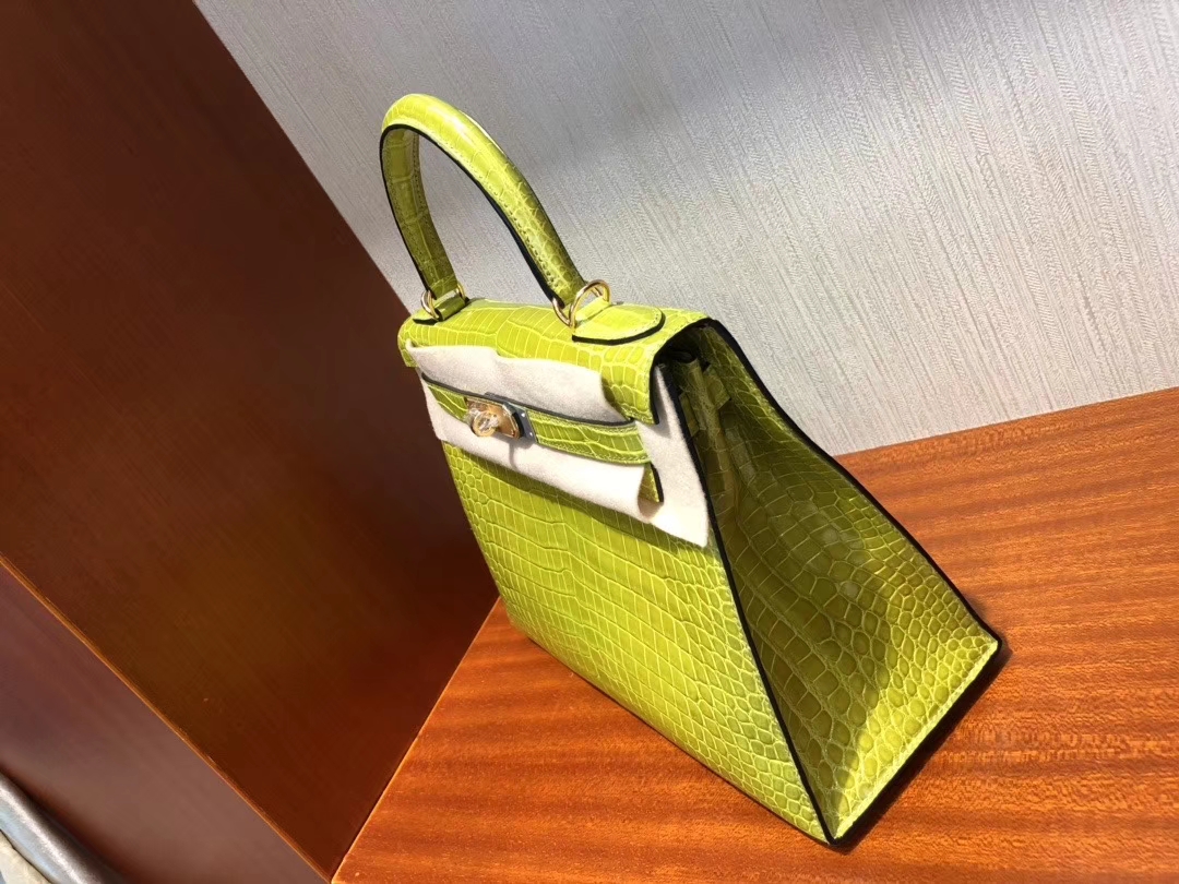 Hermès（爱马仕）Kelly 28cm Porosus shiny 亮面澳洲湾鳄 6R 奇异果绿 Kiwi 金扣 顶级手缝 超美