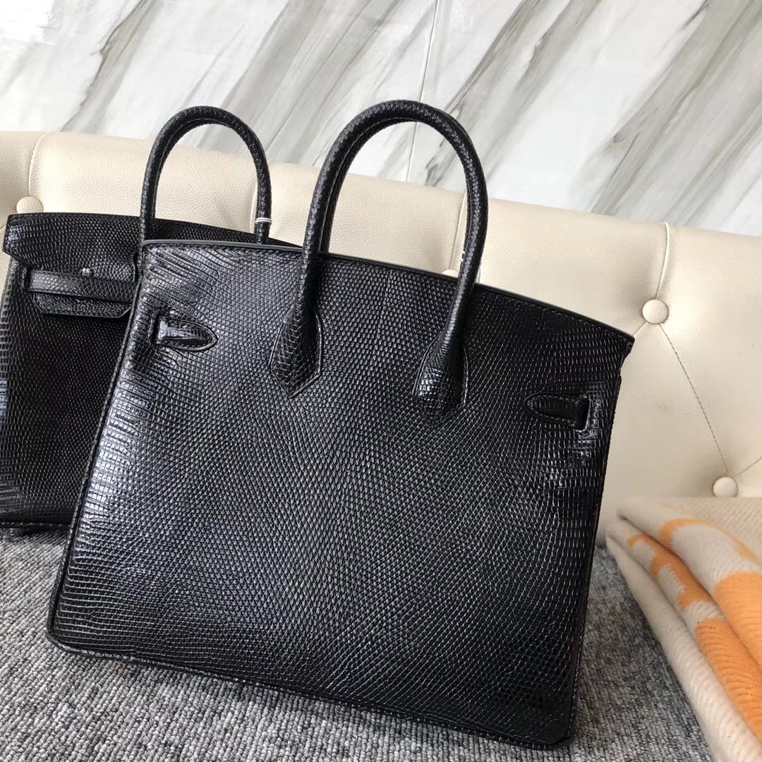 Hermès（爱马仕）Birkin 25cm Lizard 进口亮面蜥蜴  ck89 黑色 Noir  金扣 顶级手缝 现货
