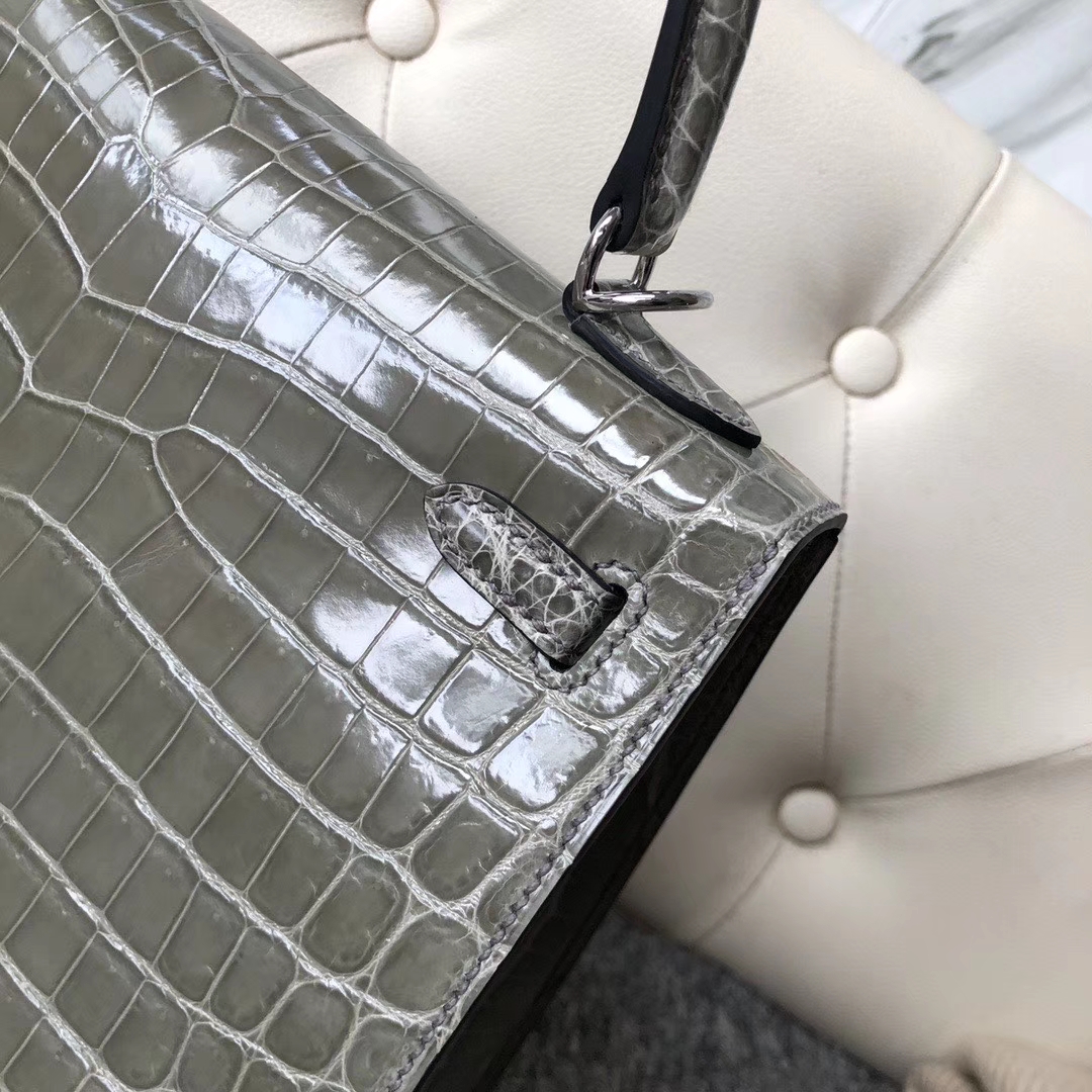 Hermès（爱马仕）Kelly 25cm Crocodile shiny 亮面鳄鱼 ck81 斑鸠灰 Gris T 银扣 现货