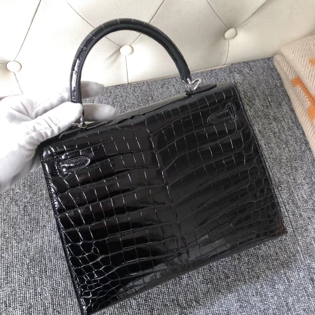 Hermès（爱马仕）Kelly 25cm Crocodile shiny 亮面鳄鱼 ck89黑色 Noir 银扣 拱珠皮 现货