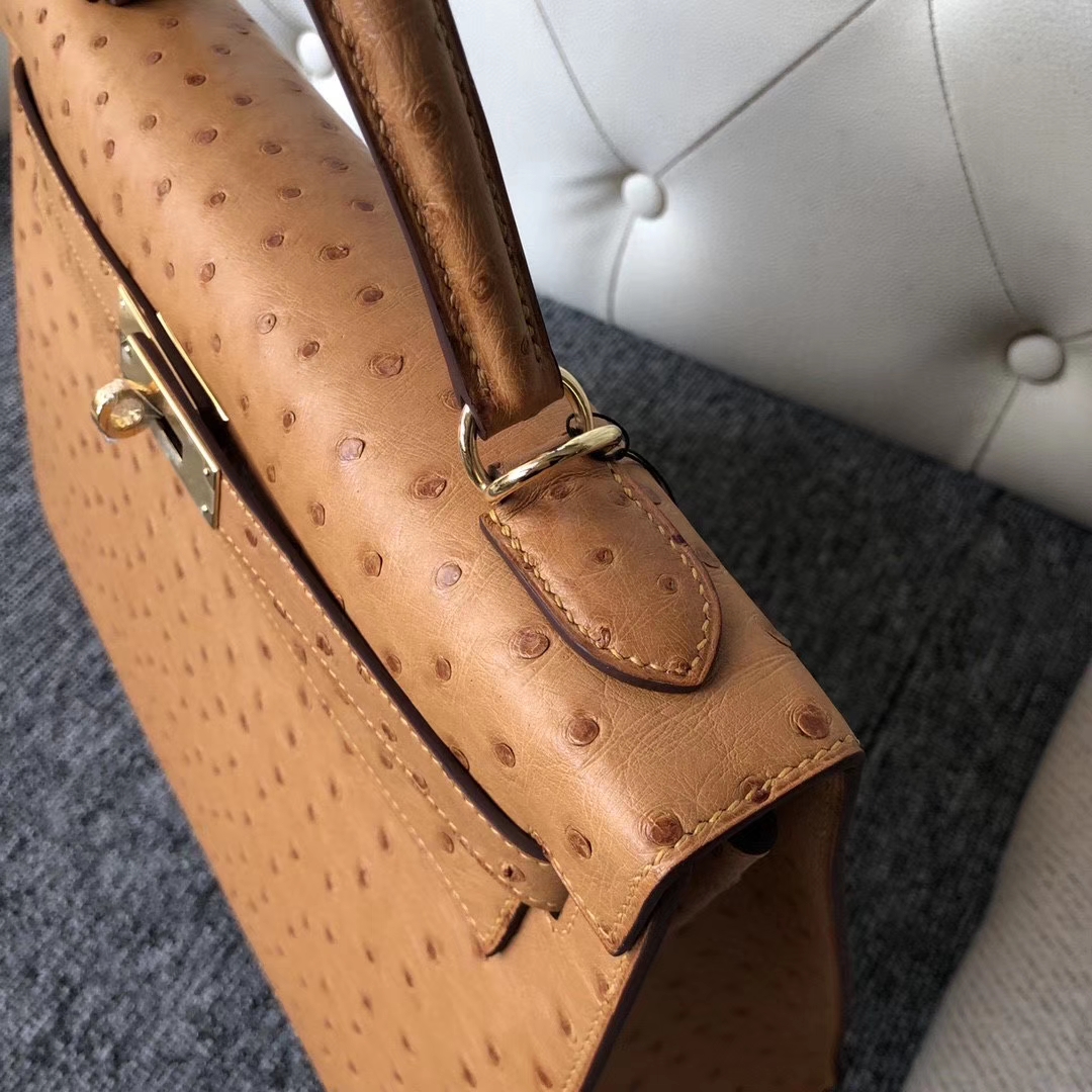 Hermès（爱马仕）Kelly 32cm Ostrich kk鸵鸟 ck37 金棕色 Gold 金扣 顶级手缝