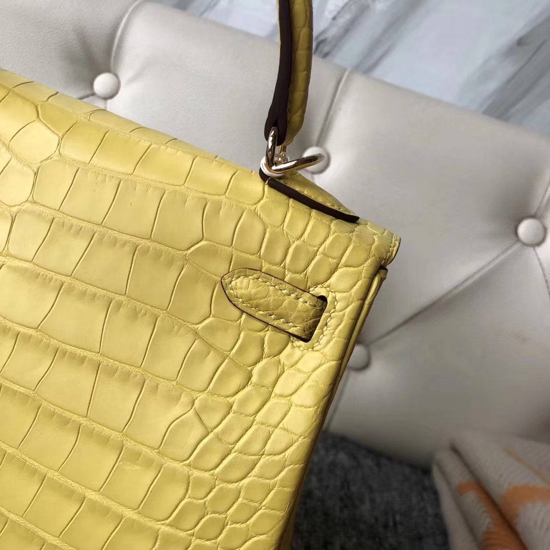 Hermès（爱马仕）Kelly 凯莉包 Matt alligator crocodile 雾面美洲鳄 柠檬黄 蜡线全手工 25cm 接受预定