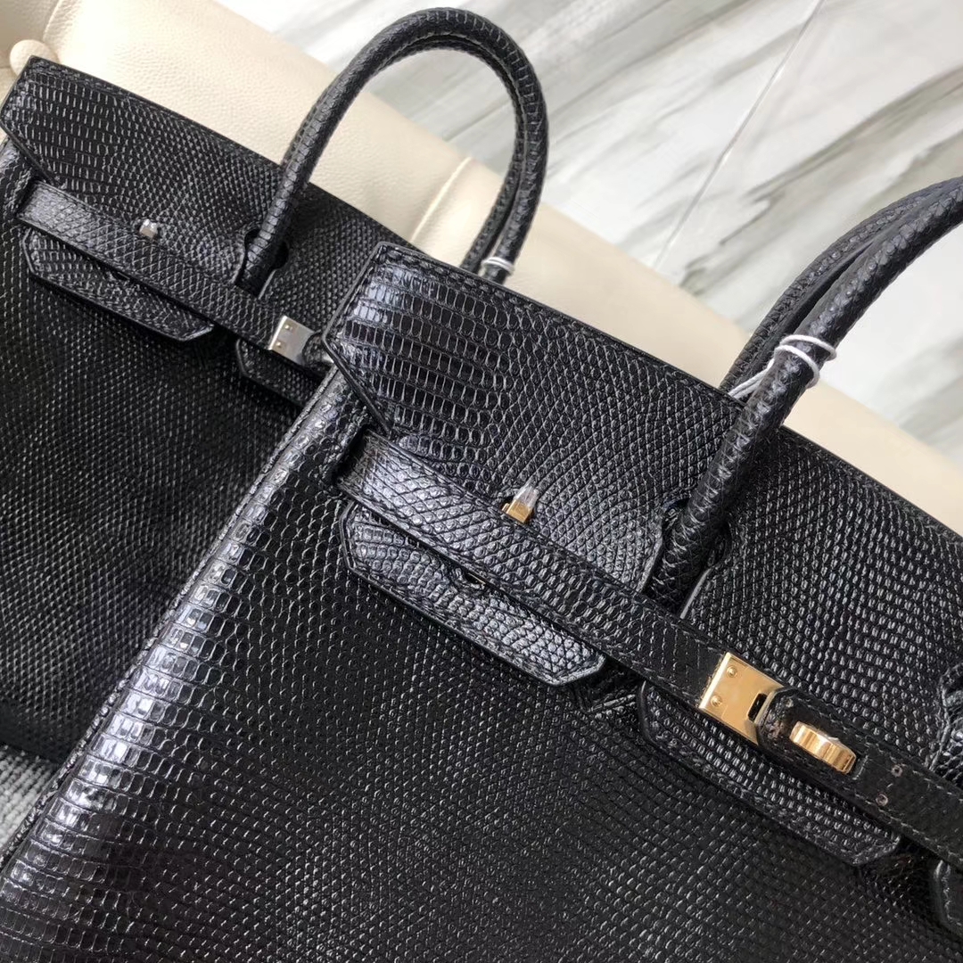 Hermès（爱马仕）Birkin 25cm Lizard 进口亮面蜥蜴  ck89 黑色 Noir  金扣 顶级手缝 现货