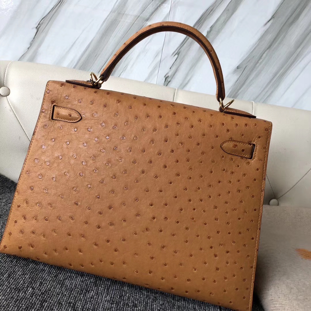 Hermès（爱马仕）Kelly 32cm Ostrich kk鸵鸟 ck37 金棕色 Gold 金扣 顶级手缝