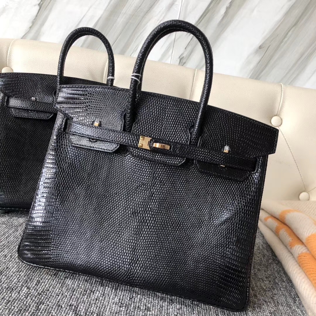 Hermès(爱马仕)Birkin 25cm Lizard 进口亮面蜥蜴 ck89 黑色 Noir 金扣 顶级手缝 现货-拉尔森鳄鱼皮具定制 - 爱马仕包包官网 Hermès(爱马仕)Birkin 25cm Lizard 进口亮面蜥蜴 ck89 黑色 Noir 金扣 顶级手缝 现货