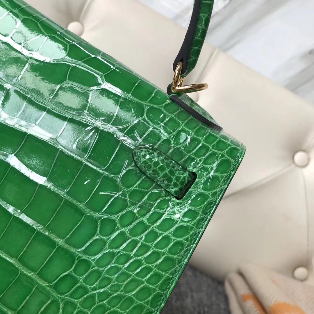Hermès（爱马仕）Kelly 凯莉包 crocodile 亮面美洲鳄 1L仙人掌绿 蜡线全手工 金扣 接受预定 25cm