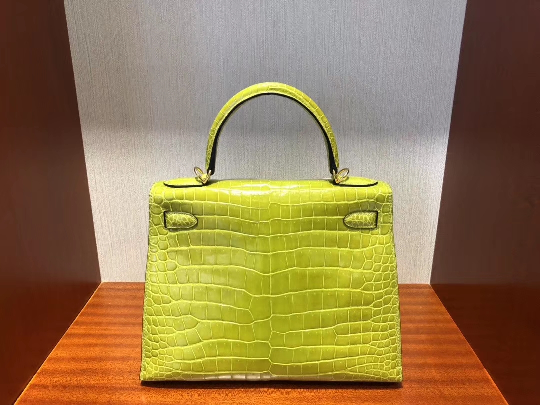 Hermès（爱马仕）Kelly 28cm Porosus shiny 亮面澳洲湾鳄 6R 奇异果绿 Kiwi 金扣 顶级手缝 超美