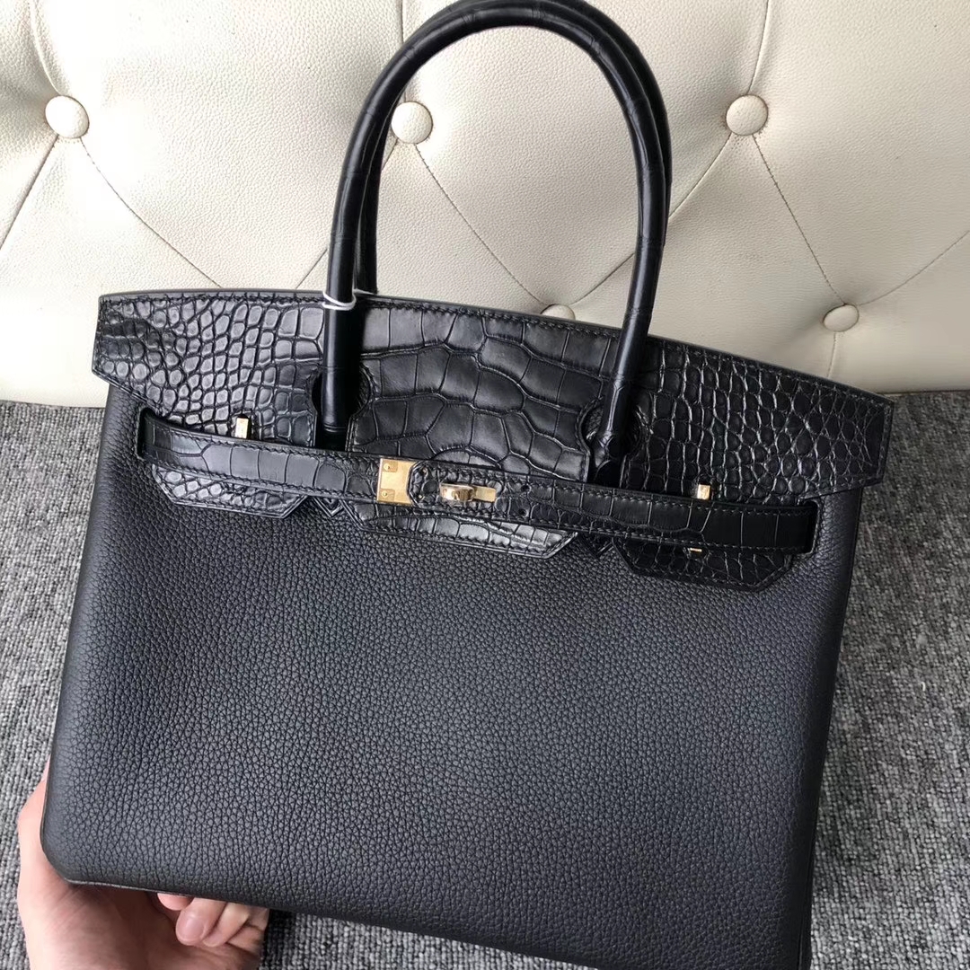 Hermès（爱马仕）Touch 系列 Birkin 黑色拼雾面方块黑色鳄鱼 30cm 金扣 顶级手缝