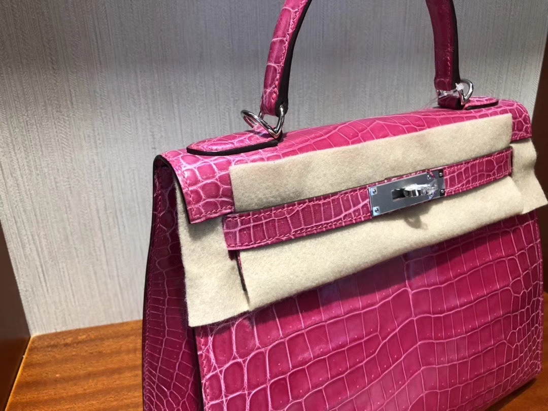 Hermès（爱马仕）Kelly 凯莉包 Crocodile shiny 亮面鳄鱼 5J 桃红 桃粉 银扣 顶级手缝 超美 28cm