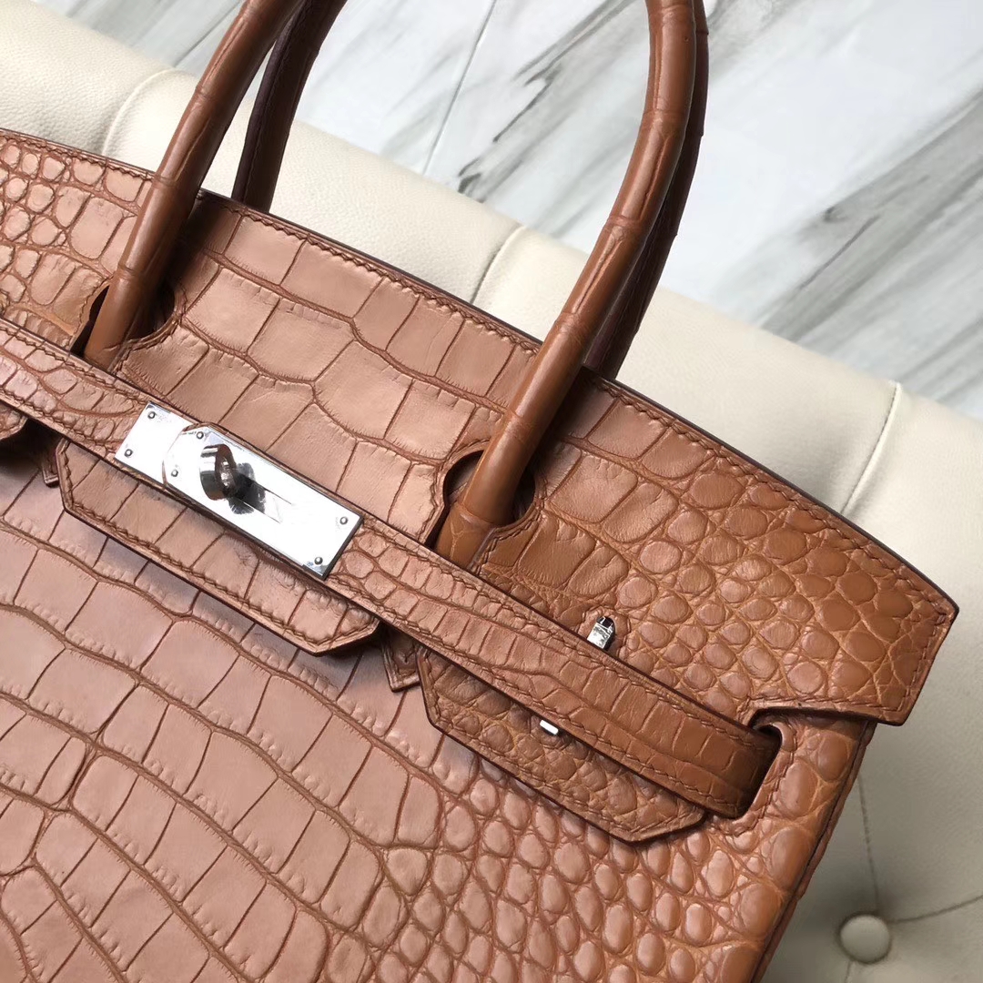 Hermès（爱马仕）Birkin 30cm Alligator matt 雾面鳄鱼 棕色 银扣 定制