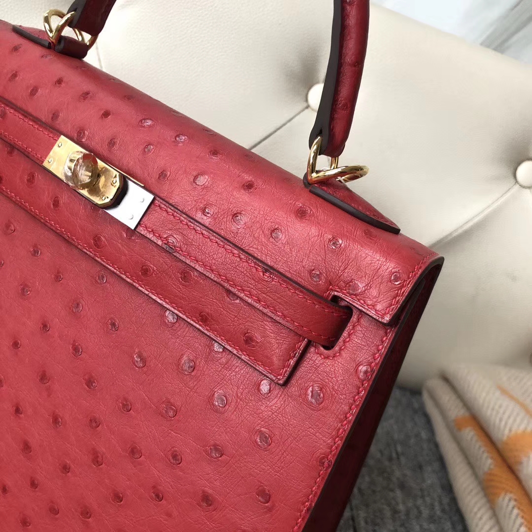 Hermès（爱马仕）Kelly 25cm Kk鸵鸟 Q5 国旗红 Rouge casaque 金扣 顶级手缝
