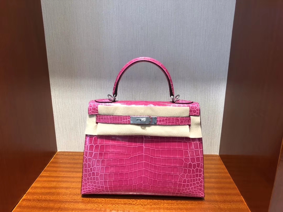 Hermès（爱马仕）Kelly 凯莉包 Crocodile shiny 亮面鳄鱼 5J 桃红 桃粉 银扣 顶级手缝 超美 28cm