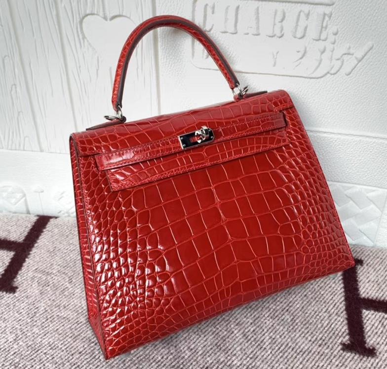 Hermès（爱马仕）Kelly 25cm Crocodile shiny 亮面鳄鱼 美洲法拉利红 银扣 现货