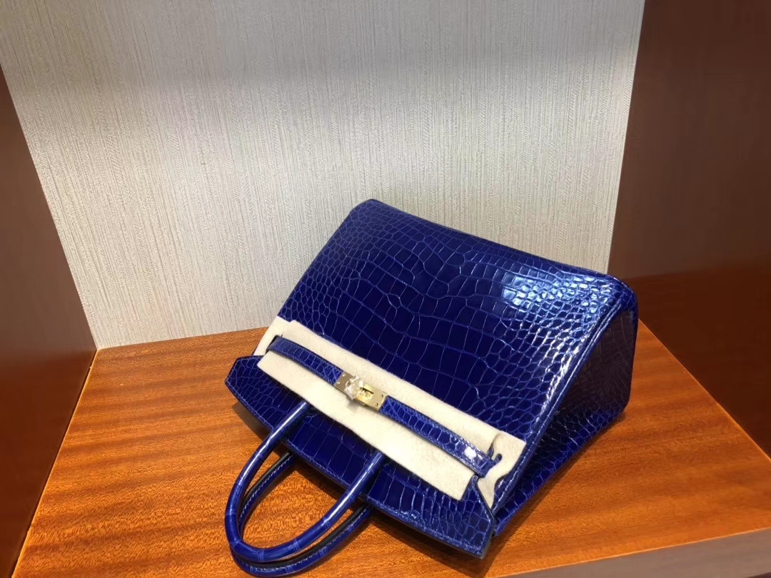 Hermès（爱马仕）Birkin 25cm Alligator shiny 亮面鳄鱼 7T 电光蓝 Blue eletric 金扣 顶级手缝 现货