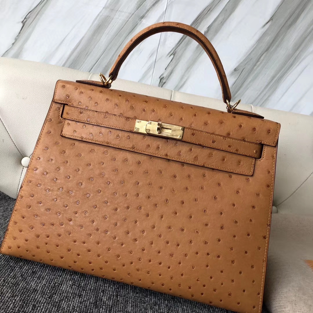 Hermès（爱马仕）Kelly 32cm Ostrich kk鸵鸟 ck37 金棕色 Gold 金扣 顶级手缝