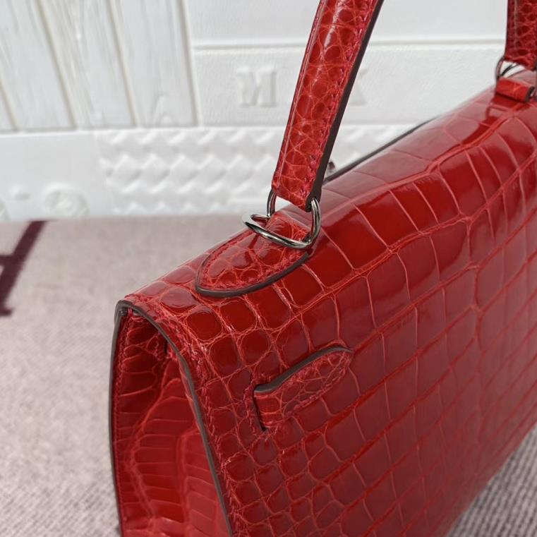 Hermès（爱马仕）Kelly 25cm Crocodile shiny 亮面鳄鱼 美洲法拉利红 银扣 现货