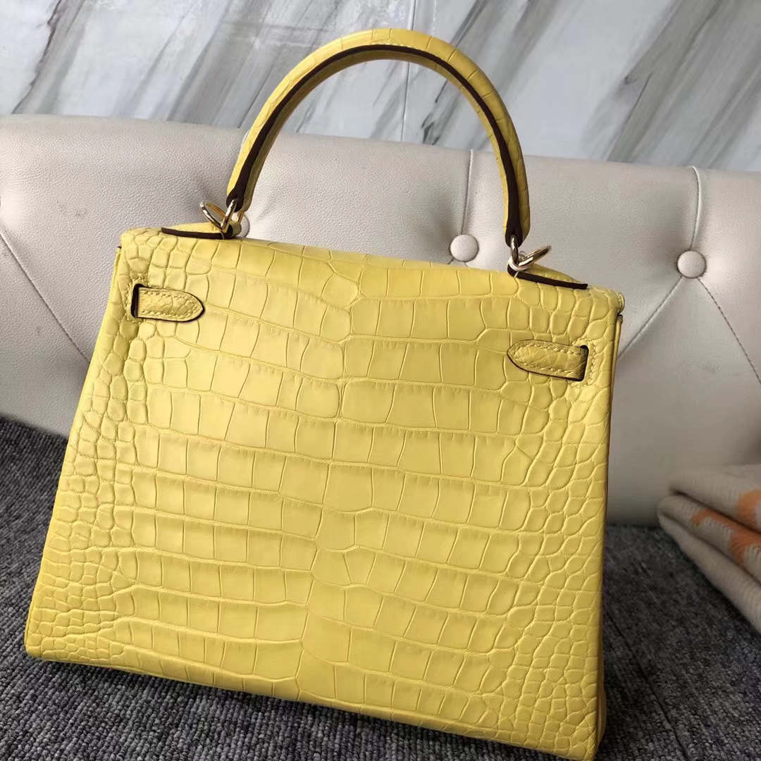 Hermès（爱马仕）Kelly 凯莉包 Matt alligator crocodile 雾面美洲鳄 柠檬黄 蜡线全手工 25cm 接受预定